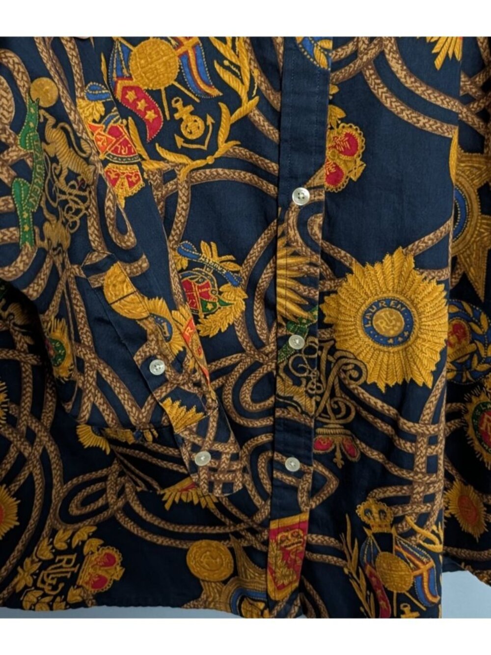 Lauren Ralph Lauren Navy Blue Button-Up Blouse Gold Chain Emblem Print Womens XL - Picture 5 of 14